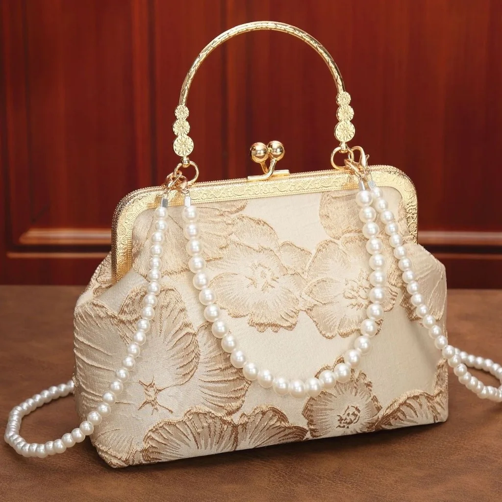 Polyester Crossbody Bag Medium-Soft Evening Bag Pearl Tote Bag Lightweight Floral Embroidered Handbag For Cheongsam Travel