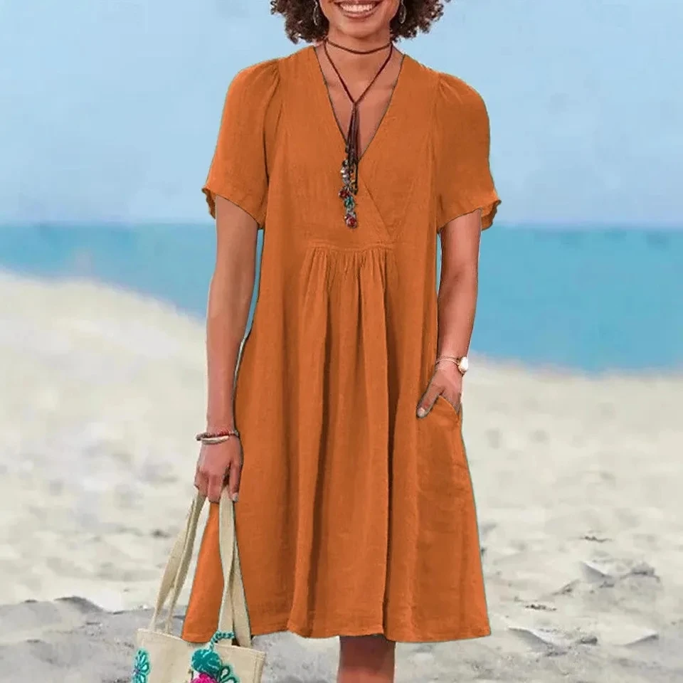 

Summer New Pleated V-neck Short-sleeved Loose Women's Dress Retro Cotton Linen Fashion Pocket Female Casual Holiday Dresses 2026