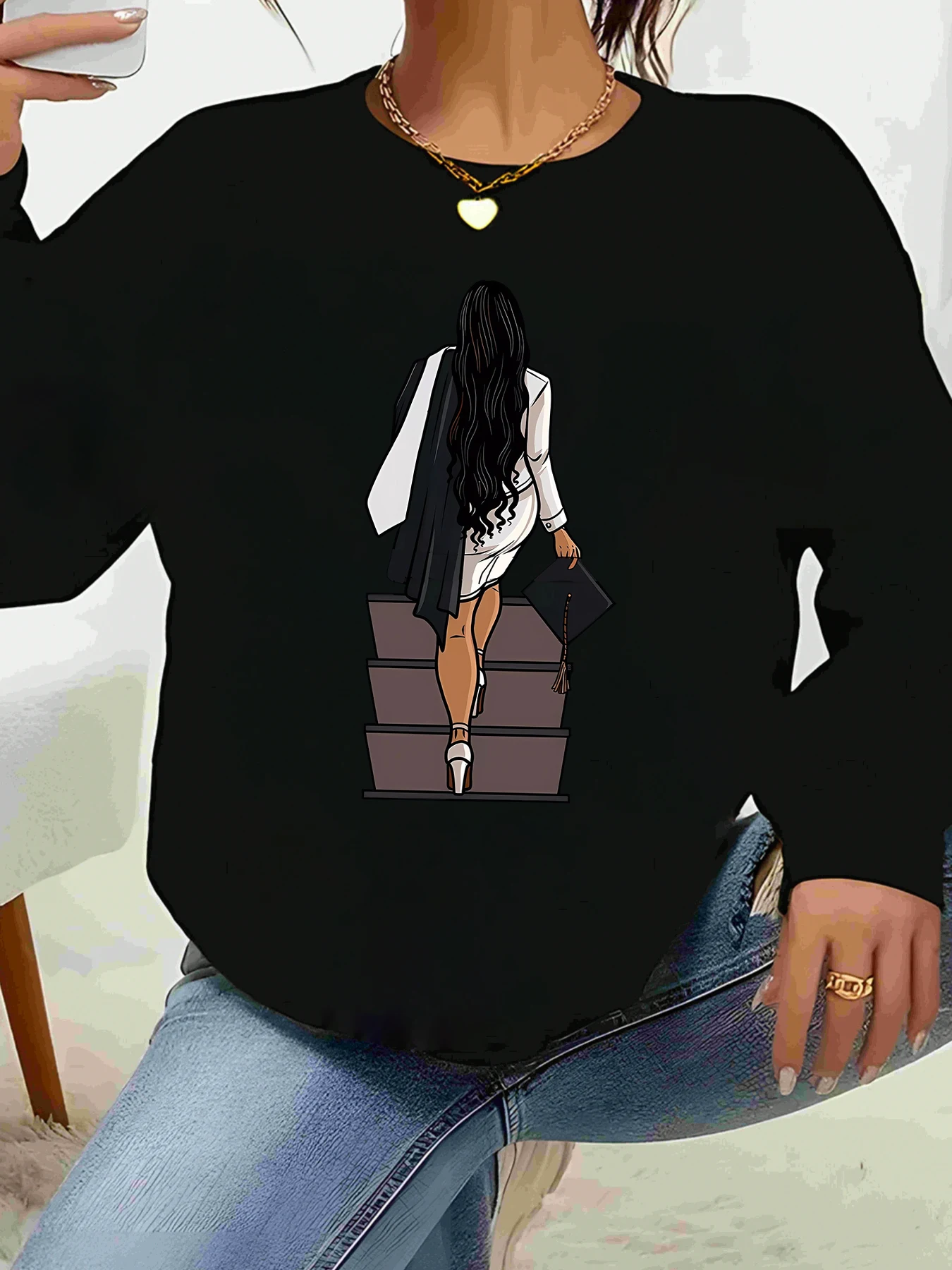 Sudadera de manga larga con estampado gráfico de chica de graduación para mujer, ropa informal, graduados de fiesta universitaria