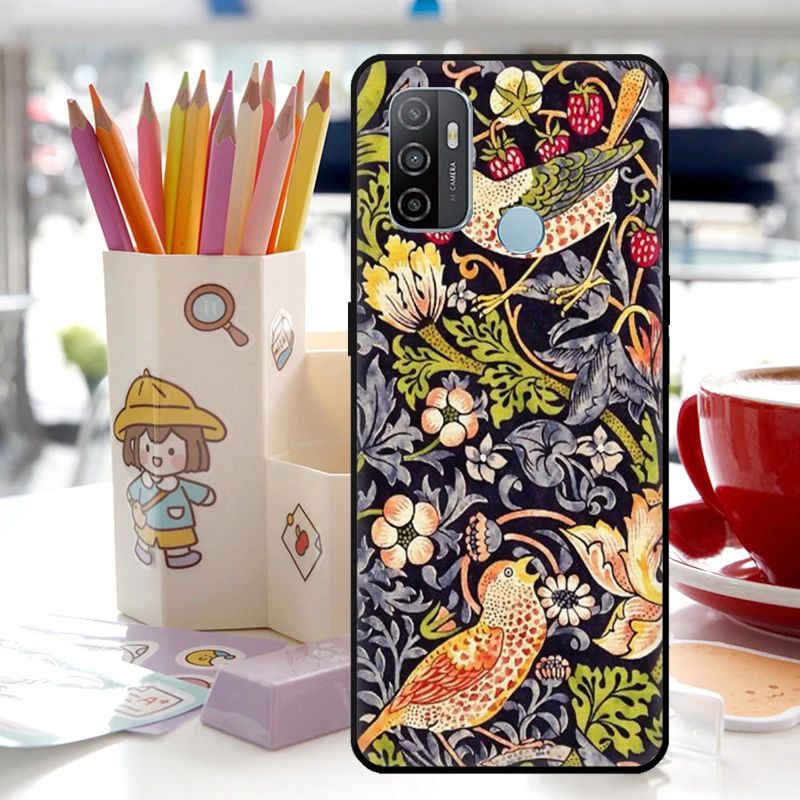 William Morris Strawberry Thief Case For OPPO A78 A77 A57 A17 A16 A76 A96 A15 A54 A74 A94 A52 A72 A5 A9 A53s A54s A57s Cover