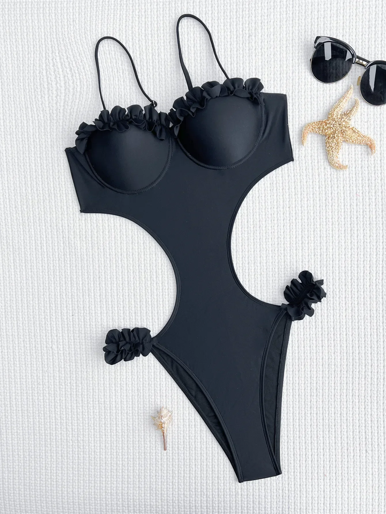 เซ็กซี่ push up ruffles ชุดว่ายน้ํา one piece underwire hollow out เอวบิกินี่ชุดว่ายน้ํา bodysuits ผู้หญิง biquini ชุดว่ายน้ํา