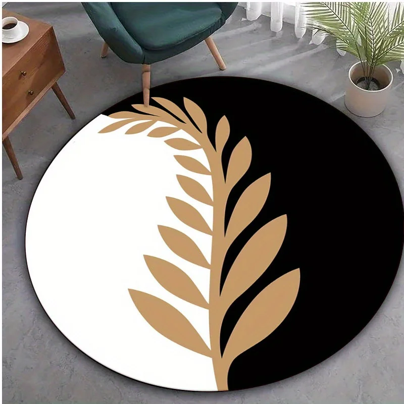 

1pc Black and white swirling leaf pattern round rug - crystal velvet fabric, suitable for living room, bedroom, play mat