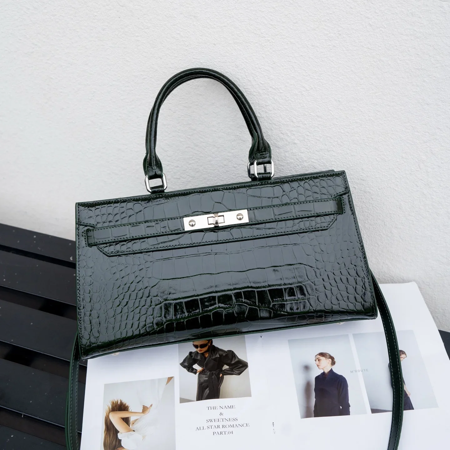 Ladies Genuine Cowhide Leather Handbag, Rectangular Croc Print Tote, Turn Lock Closure, Removable Shoulder Strap, Elegant Daily