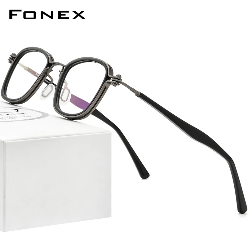 

FONEX Acetate Alloy Glasses Men Retro Vintage Square Prescription Eyeglasses Frame Women Korean Screwless Eyewear F1026