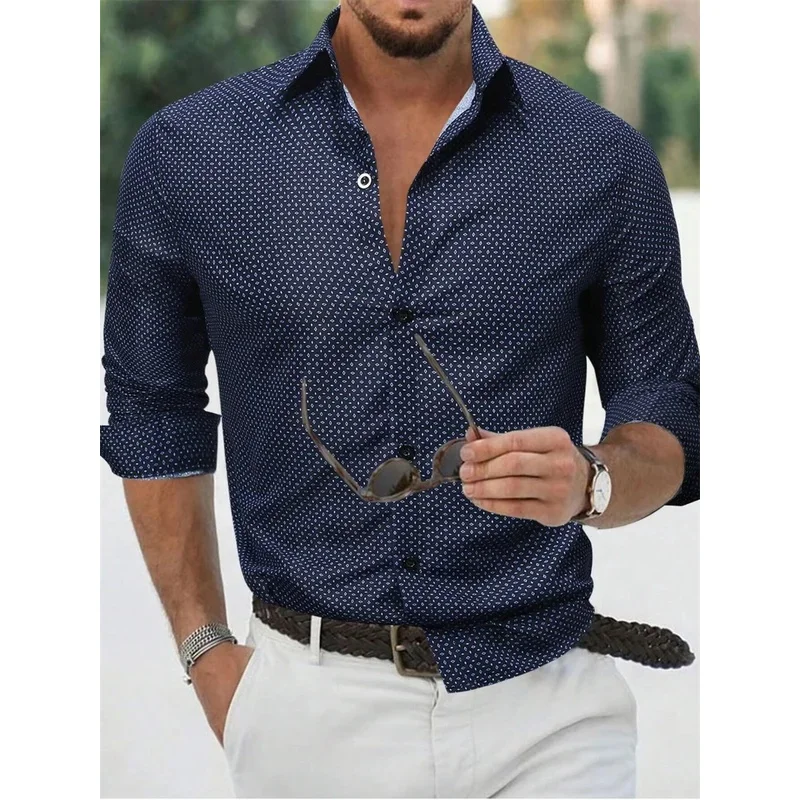 Men's Shirt Button-Up Shirt Summer Shirt Blue Long-Sleeved Polka Dot Lapel Outdoor Streetwear Fashion Casual Comfortable