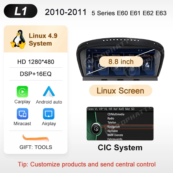 8,8 inch draadloze CarPlay Android Auto multimediasysteem Linux speler display voor BMW 5 Serie E60 E61 E62 E63 CCC CIC touchscreen - afbeelding 1
