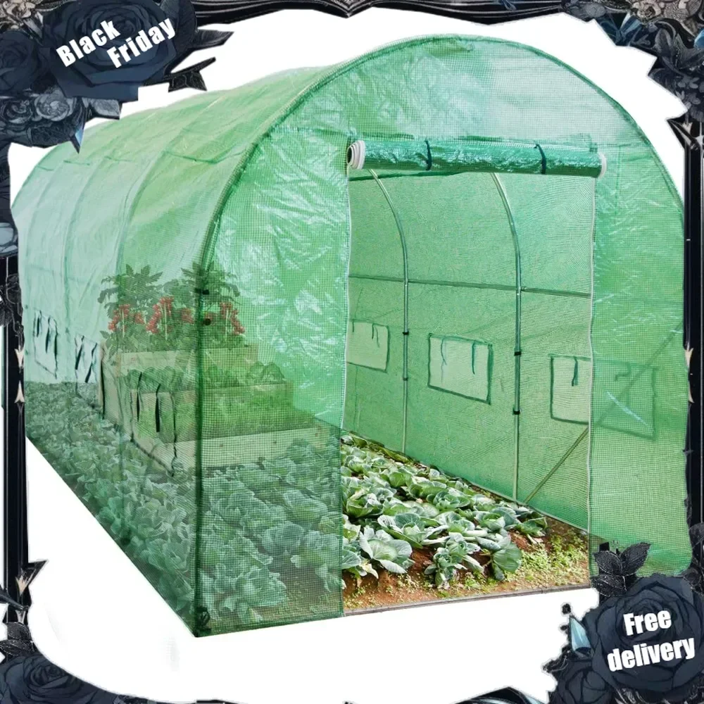 

15x7x7ft Walk-in Greenhouse Tunnel, Garden Accessory Tent for Backyard, Home Gardening w/ 8 Roll-Up Windows, Zippered Door