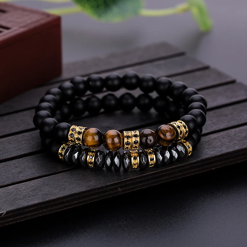 Luxury 2Pcs/Set Men Zircon Bracelet Black Onyx Stone Beads Braslet Natural Hematite Tiger Eyes Braclet Armband Herren Pulseria