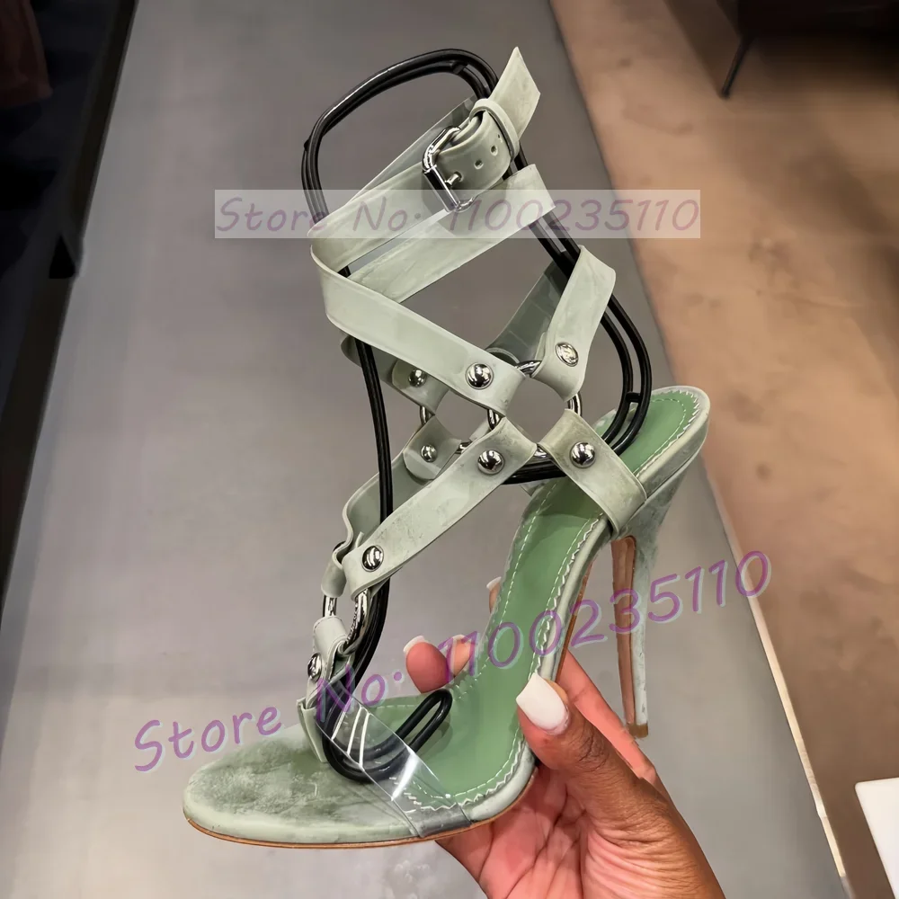 

Green Buckle Cross Strap Heeled Sandals Women Open Toe Metal Rivets Flip-flops Ladies Luxury Summer Ankle Strap Stiletto Shoes