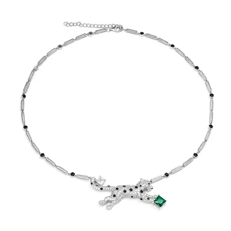 ARIGAYA Solid 925 Sterling Silver Black Spot Leopard Necklaces Emerald Green High Carbon Diamond Stone Panther Jewelry For Women