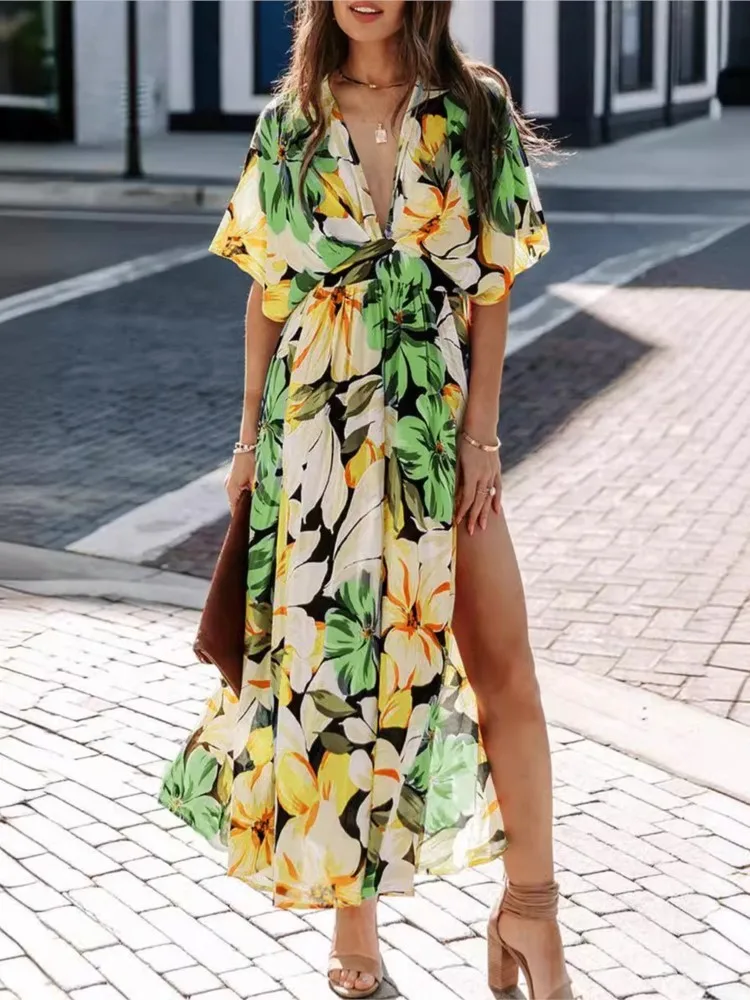 

Woman's Summer Fashion Print Long Dress Sexy Deep V-neck Half Sleeve Slit Hem Dresses Ladies Beach Vacation High-waist Vestidos