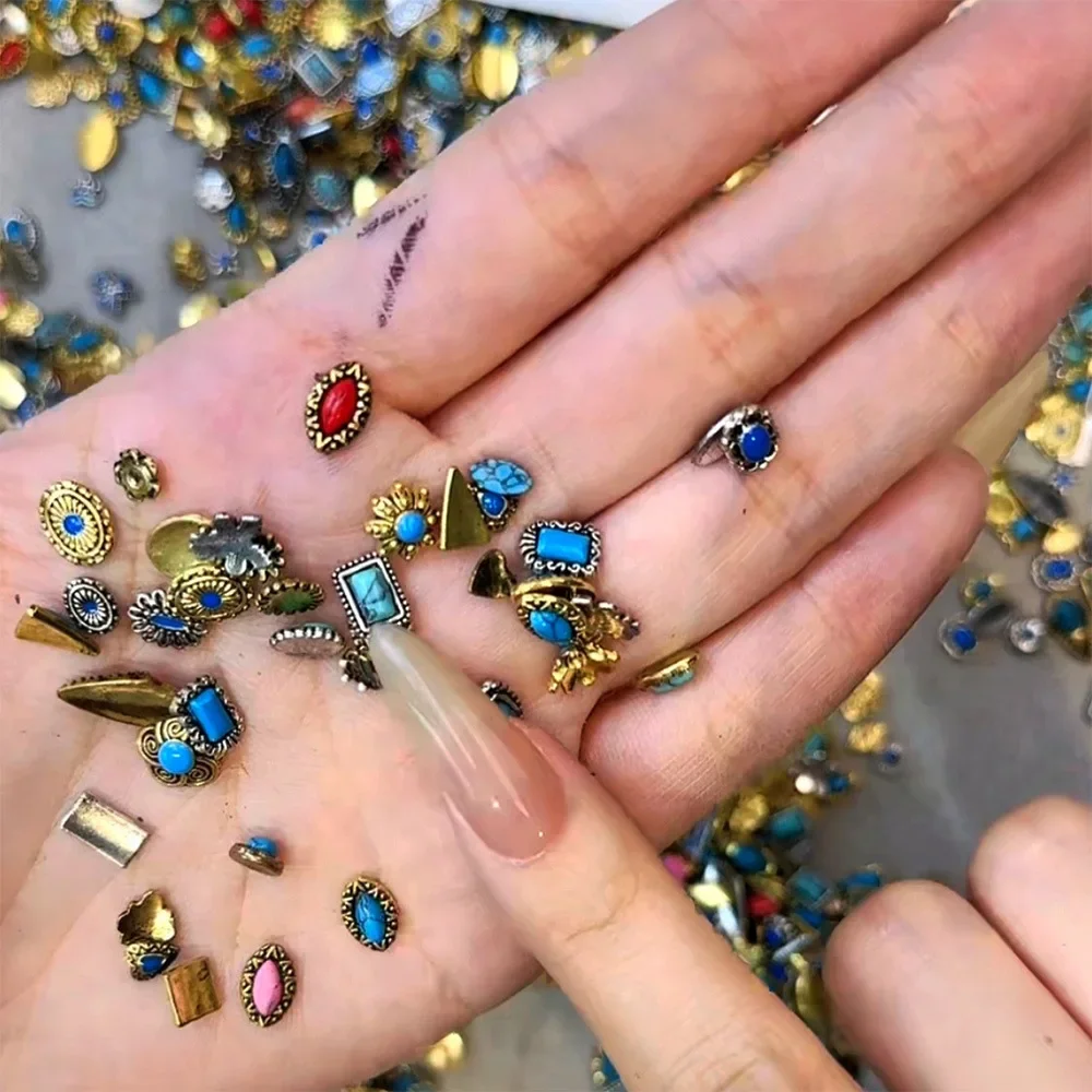 50/100Pcs Mixed style nail accessories featuring retro design and alloy metal nail decorations