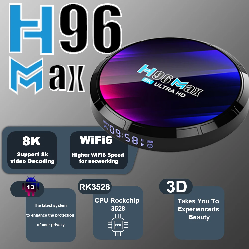 H96 MAX RK3528 TV Box Global Language Voice Assistant WiFi6 100M LAN 8K Video Decoder Quad Core Streaming Playback Box