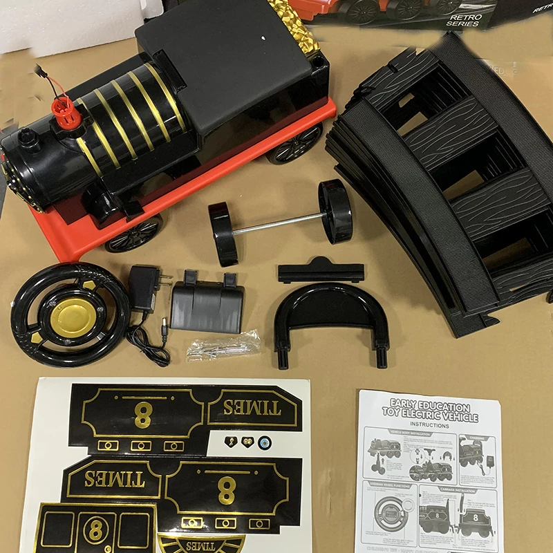 마차 달린 대형 전기 레트로 기차, 어린이 기관차, 철도 자동차, 소년 게임 장난감, 어린이 크리스마스 선물