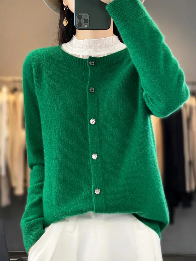 Fashion Spring Autumn Women O-Neck Long Sleeve Cardigan Sweater Basic Casual 100% Merino Wool KnitwearSolid Soft Clothing