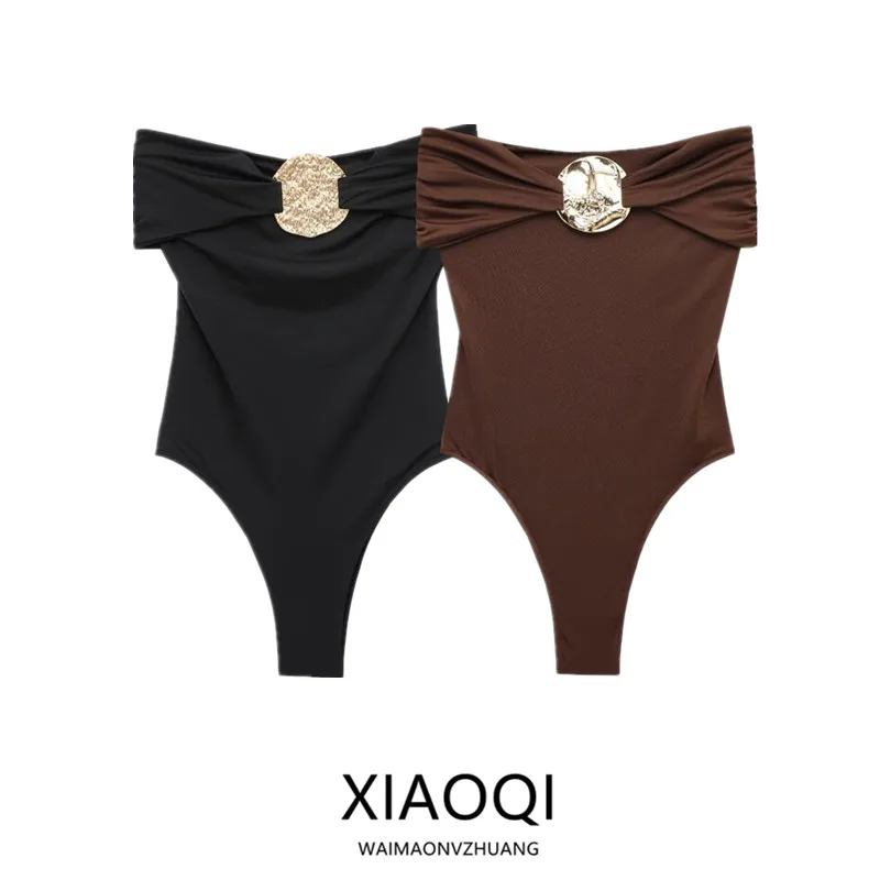 Spring 2025 Women's Faion Metal Embellied One-oulder Swimsuit Rer Versatile New Arrival All-Match ort Pants