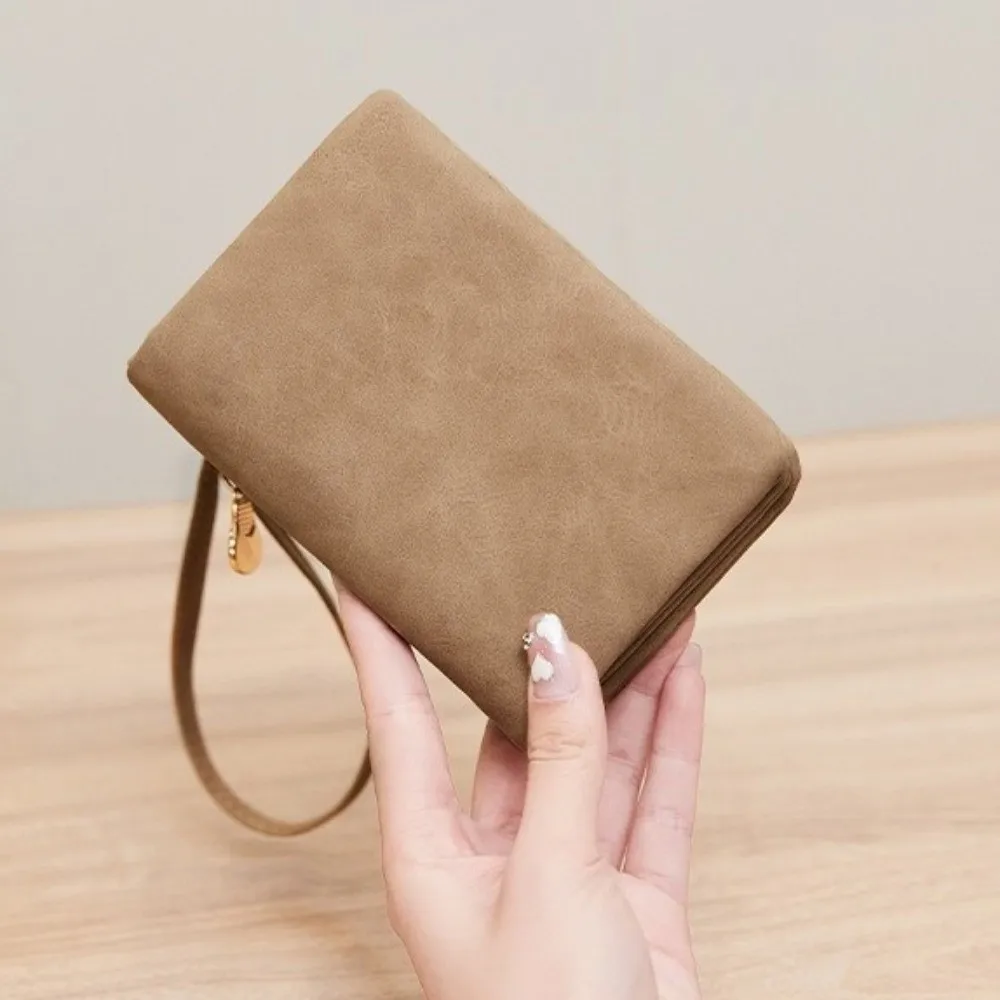 PU Leather Double Zipper Purse Frosted Finish ID Card Window Folding Wallet Coin Pocket Multiple Card Slots Wrist Bag Casual Use
