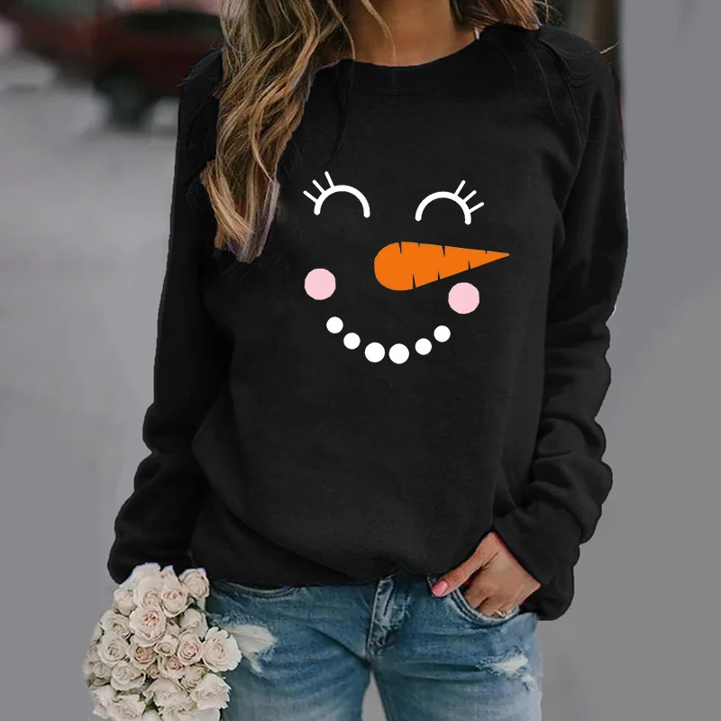 

FunnyChristmas Face Print Pullover Cute Christmas Face Pattern Sweater Women's Christmas Long Sleeve Round Neck Pullover Top