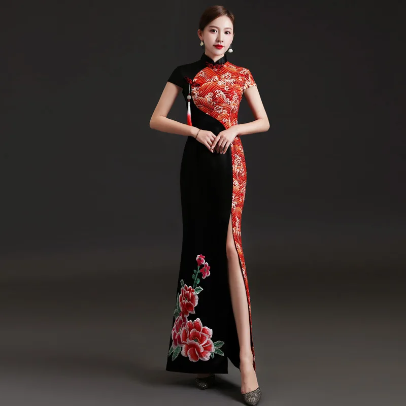 Black Satin Qipao Female Cheongsam Sexy Mermaid Split Chinese Dress Elegant Performance Patchwork Mesh Applique Costume