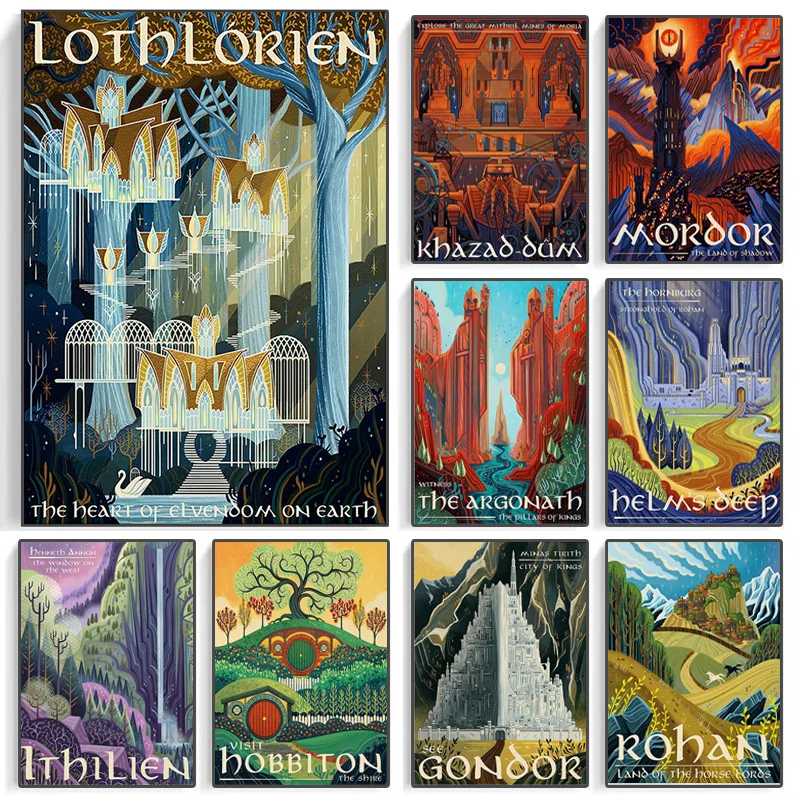 Tolkien Travel Wall Art Canvas Painting Middle Earth Landscape LOTR Poster Vintage Movie Prints Pictures Living Room Home Dec