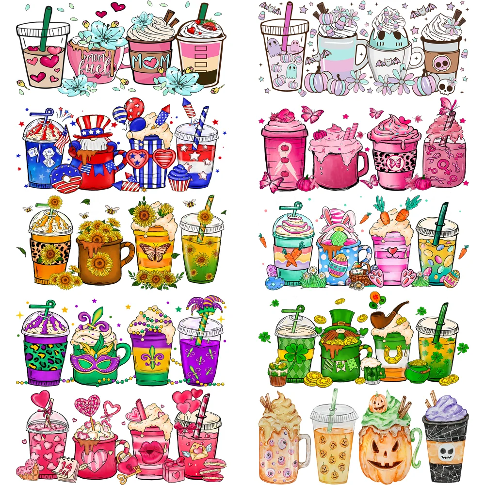 Boba Tea Coffee Pattern UV DTF 3D Sticker for 16oz Libbey Cup Waterproof Self Adhesive Milkshake Design Collection Cup Wraps