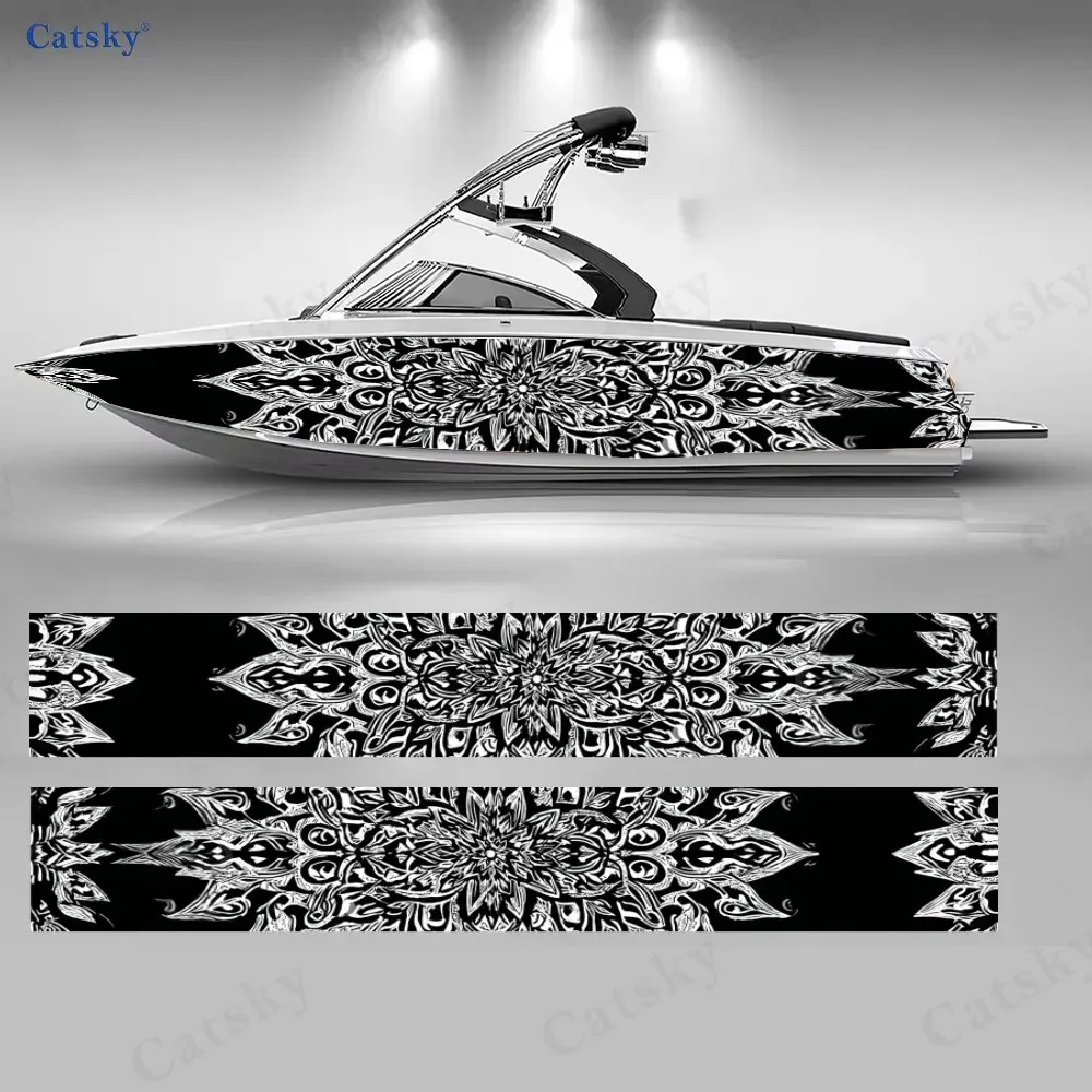 2Pcs Indigo Leaf & Floral Boat Stickers, PVC Waterproof Durable Vinyl Wrap Decals for Fishing Boats, Durable and Stylish Design