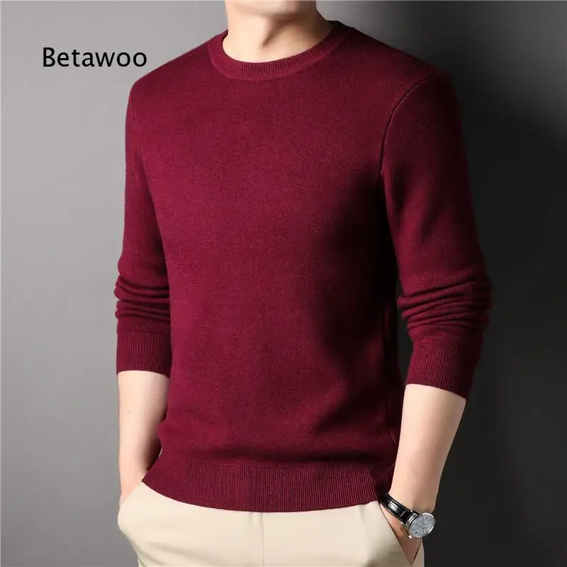 Mens Slim Fit Round Neck Solid Color Knit Sweater Versatile Business Style Knitted Undershirt For Young Men Autumn Daily And Of