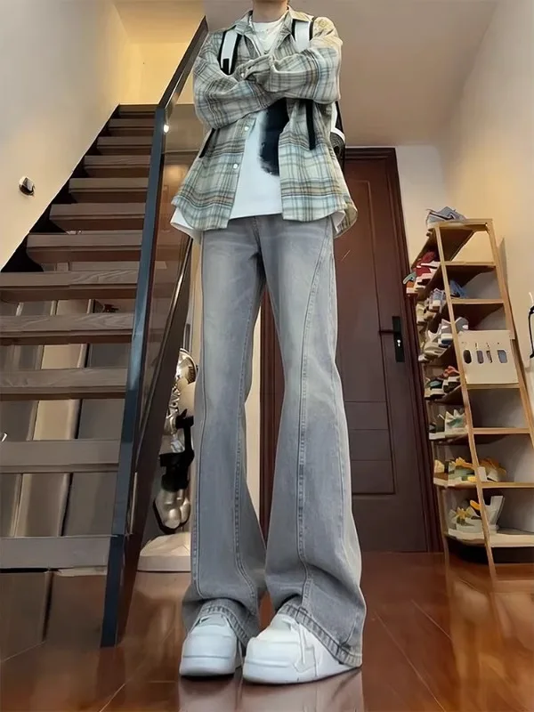 

Retro Blue Denim Jeans Men's American High Street Vibe Flared Pants Slimming Straight Leg Trousers Knife Cut