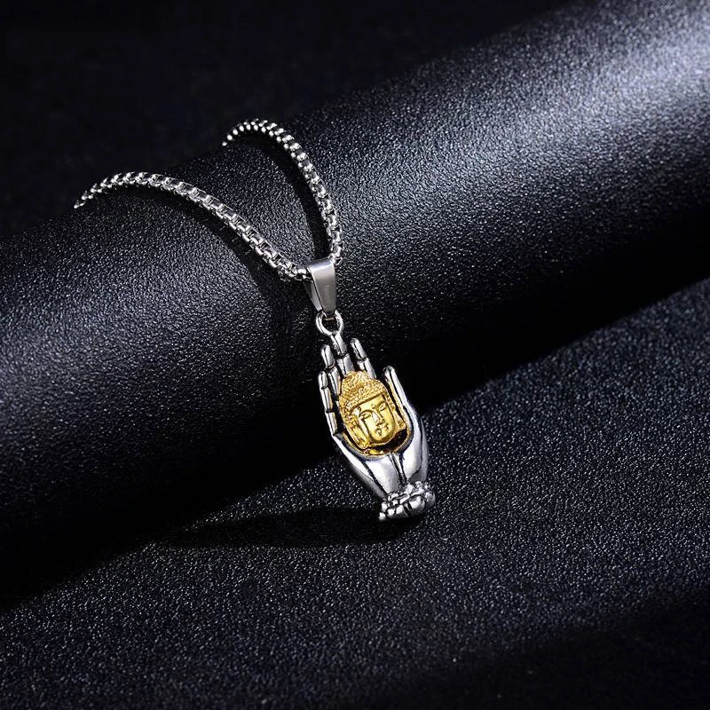 Religious Palm Buddha Pendant Box Chain Necklace For Men Buddhist Amulet Jewelry Accessories