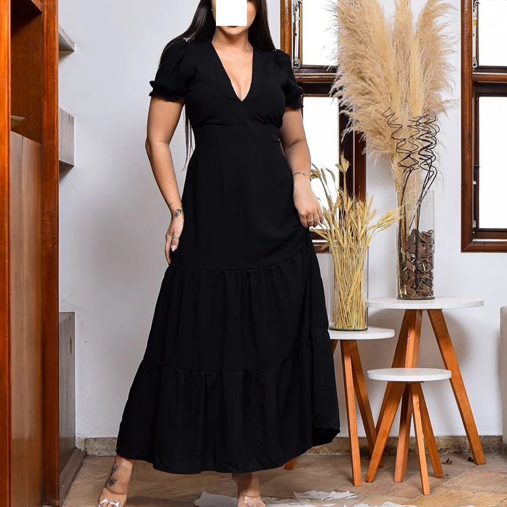 

Short A-Line Sleeves Jersey V Neck Evening Dress Formal Custom Made Ankle Length Classic Black pleats Special Occasion Gowns