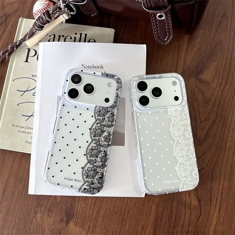 Coque de téléphone Kawaii Y2K à pois et dentelle blanche et noire pour iPhone 18 17 Air 16 15 14 13 12 11 Pro Max Plus MINI – Housse Adorable