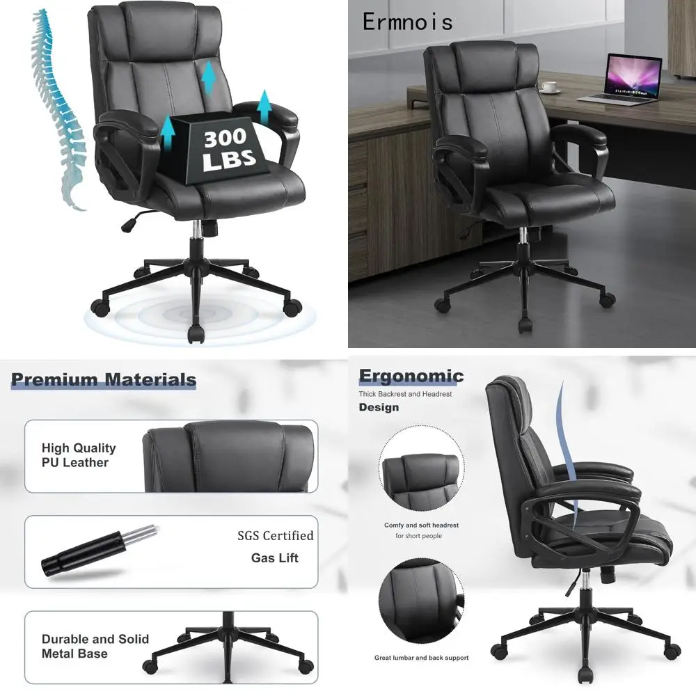 

Ergonomic High-Back Desk Chair with Padded Armrests and Lumbar Support for Home Office, Upholstered in Leather