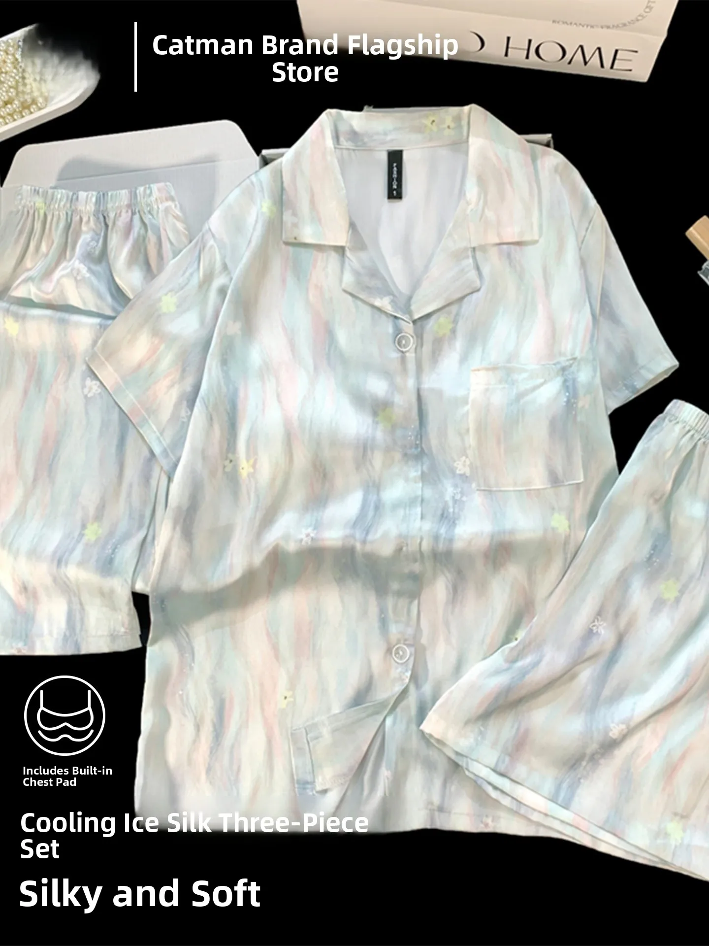 lady-summer-ice-silk-sleepwear-with-chest-pad-short-sleeve-open-cardigan-wearable-outdoor-home-clothes-three-piece-set
