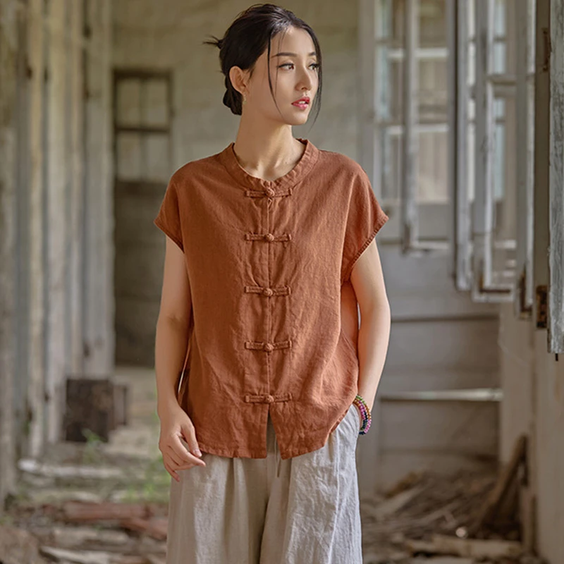 

Women Cotton Linen Casual Shirt New Arrival 2025 Summer Chinese Style Vintage Solid Color Female Short Sleeve Tops Shirts T606
