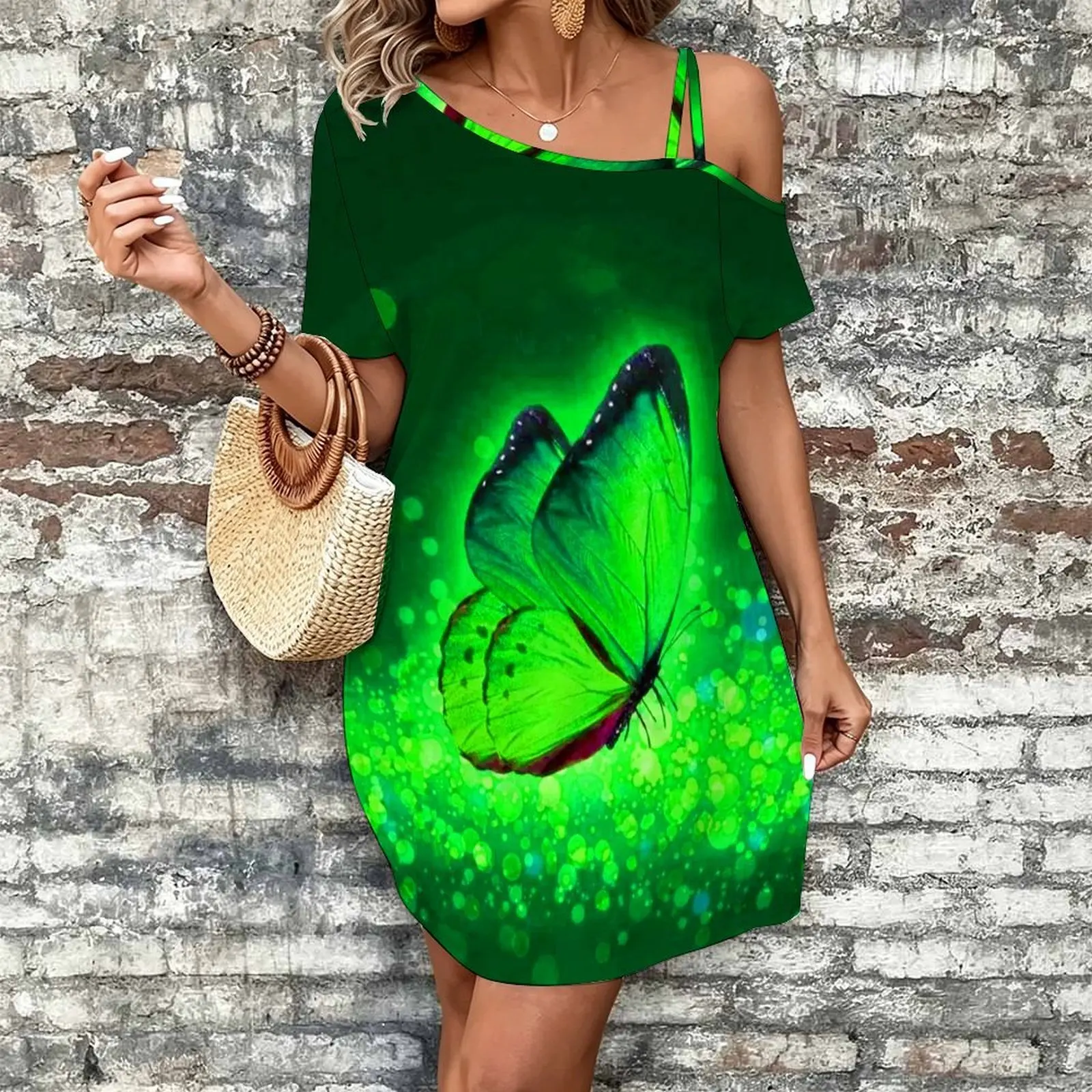 Women Print Cold Shoulder Short Sleeve Mini Dress Irregular Off Shoulder Casual Loose Tunic Dress