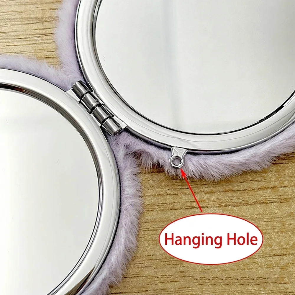 Fluffy Fur Compact Mirror Portable Dual Pane Travel Glass Tiny Cute Shaving Reflection Tablet Women Aesthetic Purse Accessories
