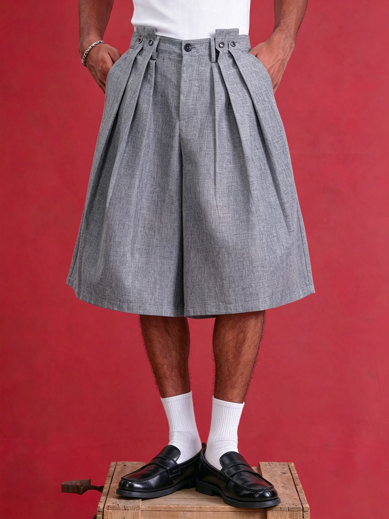 2026 Summer Woven Men Wide Leg Shorts, Italian Style Pleated Shorts, High Waist Loose Vintage Shorts with Pockets & Buttons