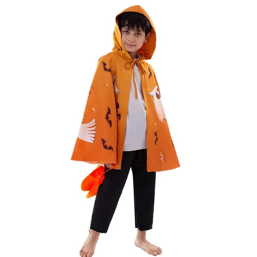 Kids Halloween Unisex Witch Cosplay Cloak + Witch Hat 2 Piece Costume Carnival Party Fancy Gold Black Color Blocking Dress Cape