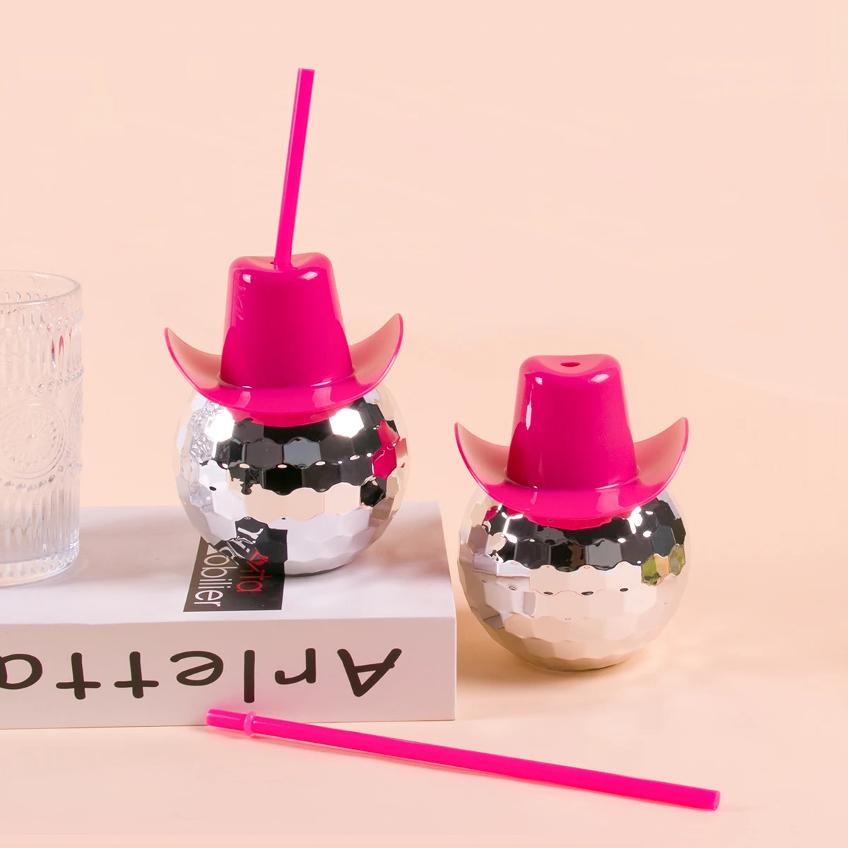 Disco Ball Cups Pink Cowgirl Hat Mirror Party Cup with Straws Bachelorette Party supplies 70s Bar Dance Disco Party Decoration