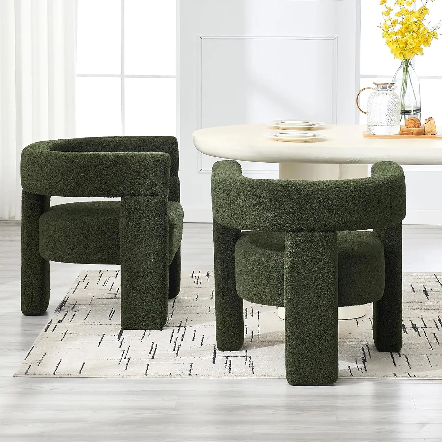 Sherpa Barrel Accent Chair Set 2, Modern Boucle Dining Side Chair with Arm, Comfy Upholstered Chair for Bedroom Kitchen Living R