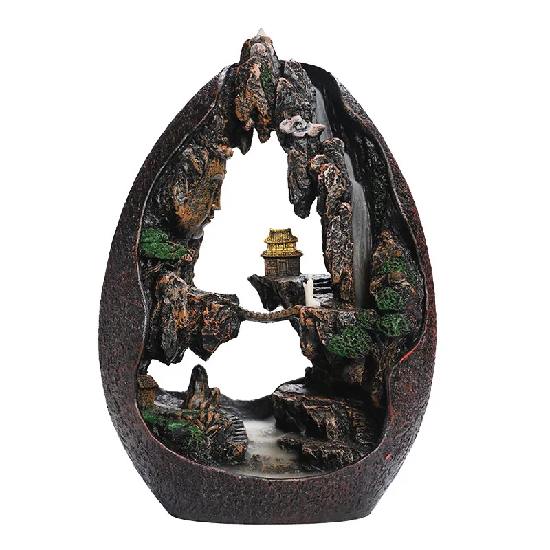 Zen Buddha Resin Ornament Landscape Waterfall Backflow Incense Home Decor Censer