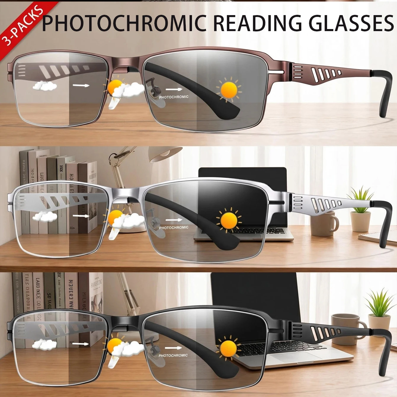 Top 3-pack Half-rim Metal Photochromic Reading Glasses, Ultralight Vintage Frames for Men Women, Daily Indoor Use