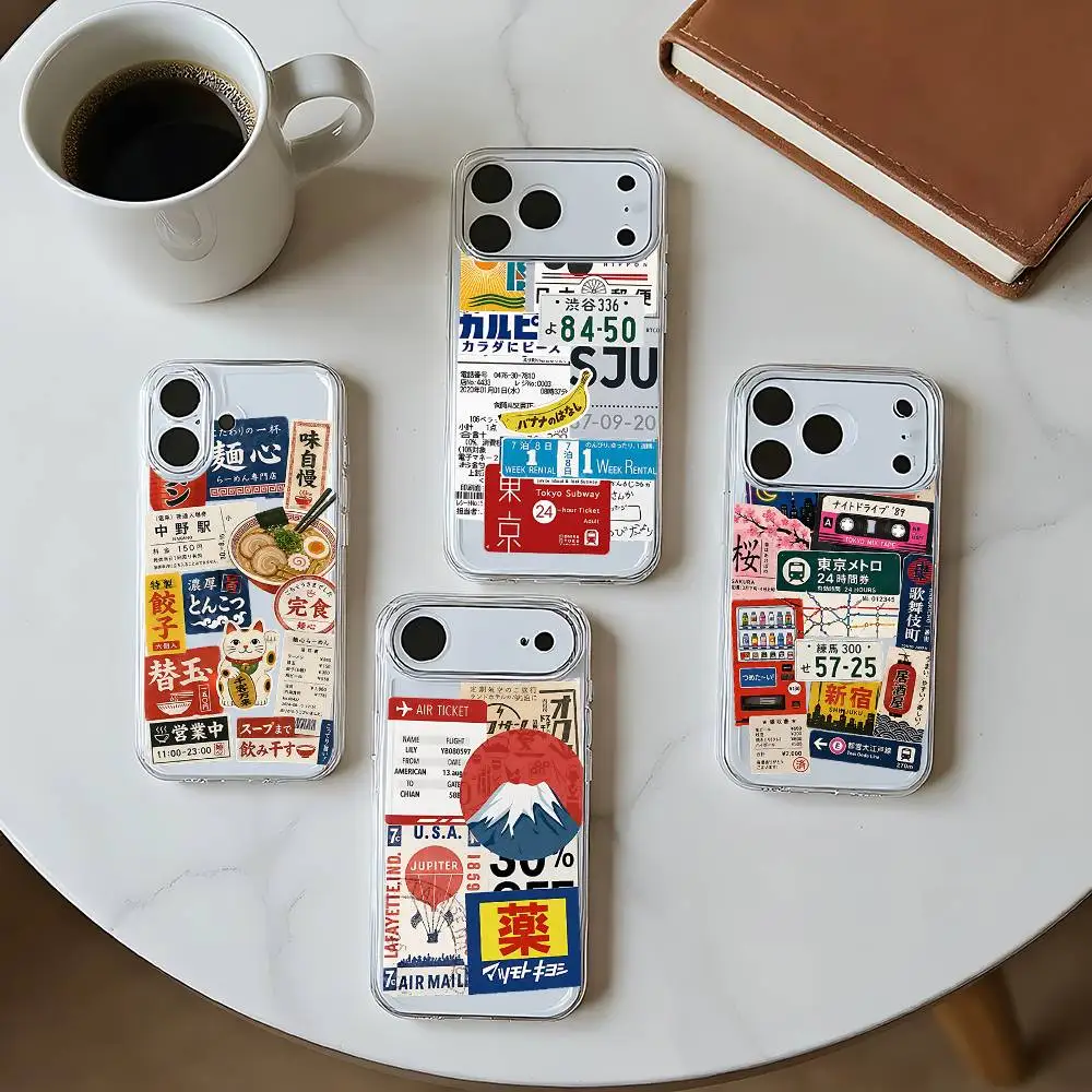 Retro Collage Japanischer Stil Ticket Sushi Silikon Handyhülle für iPhone 17 16 15 11 13 14 Pro Max Plus 12Mini Weiche Hülle