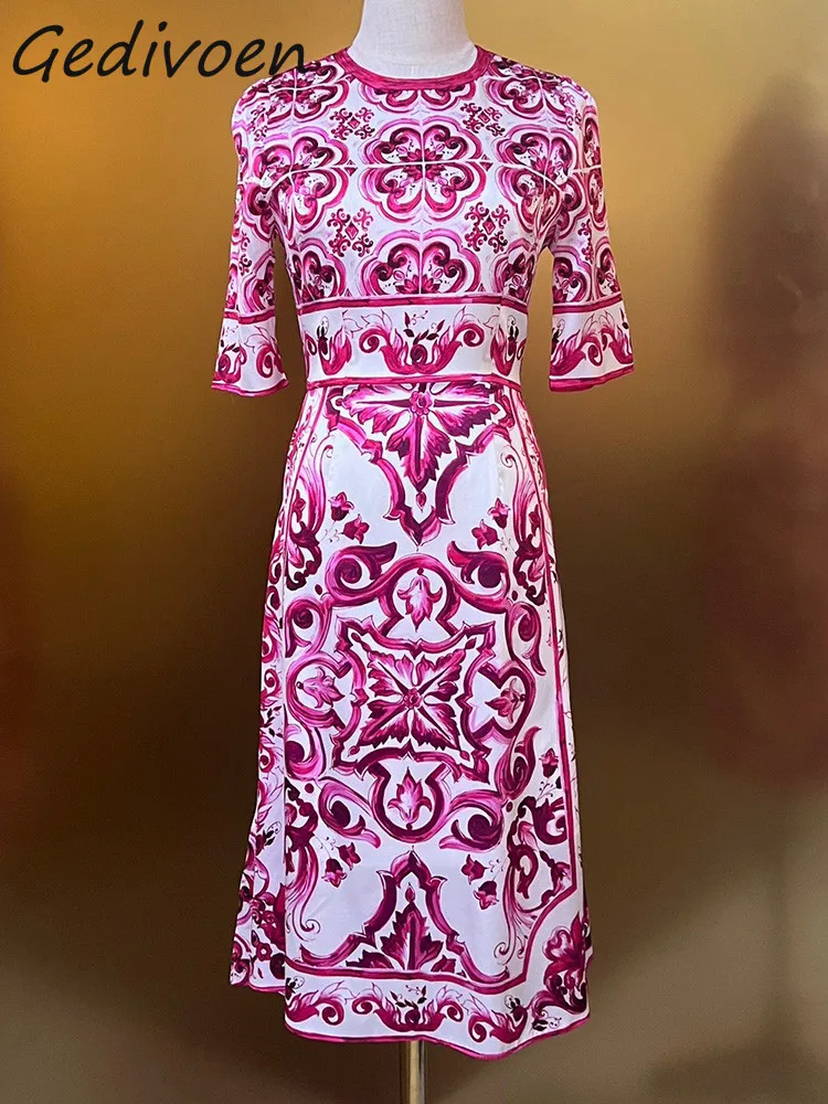 

Gedivoen Summer Fashion Designer Vintage Safflower Porcelain Printing Dress Women O-neck Half Sleeve Package Buttocks Midi Dress