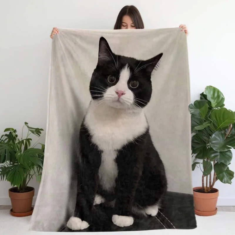 Universelle weiche Flanelldecke für vier Jahreszeiten – bequeme Decke mit Katzenmuster in Schwarz und Weiß, für Sofa, Campingausflug