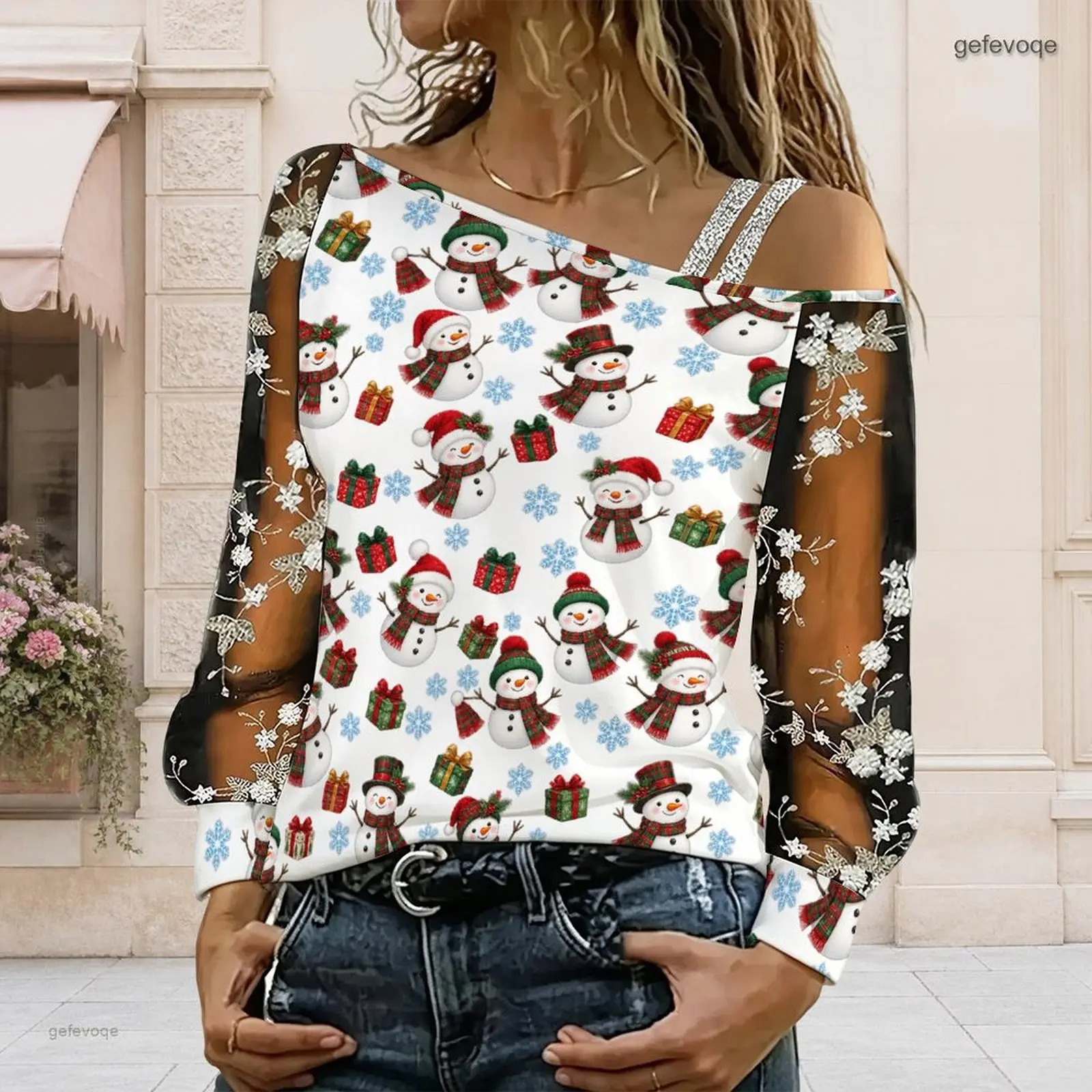 Women Asymmetric Cold Shoulder Top Snowman Snowflake Gift Print Sheer Floral Embroidered Long Sleeve Blouse