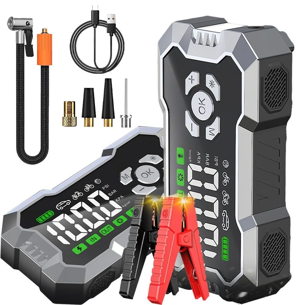 3000A Peak Portable Car Jump Starter 6400mAh Battery Booster Pack Built-in 150PSI Tire Inflator LED Emergency Light USB Charger For Auto Motorcycle Roadside Emergency Kit