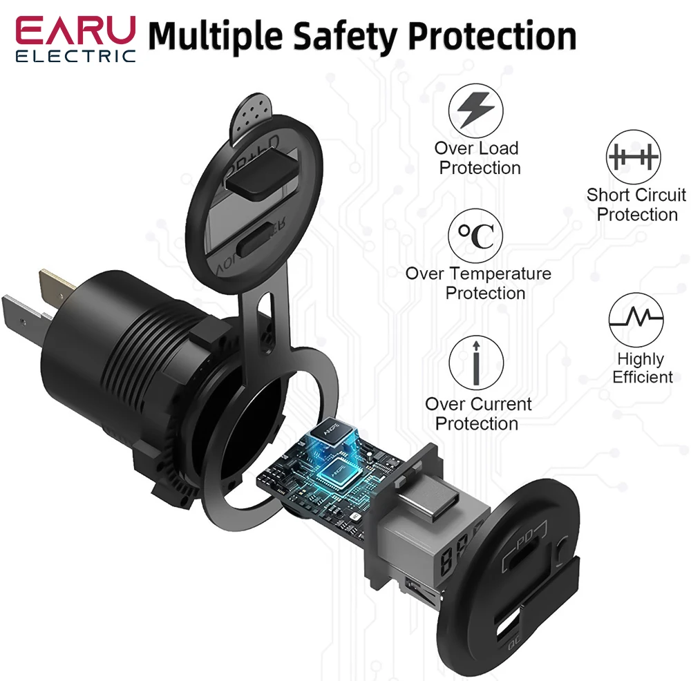 Earu 12V 48W USB Charger Outlet Waterproof Charger Socket PD Type C and QC3.0 USB Port USB Socket for Car Boat Marine Truck