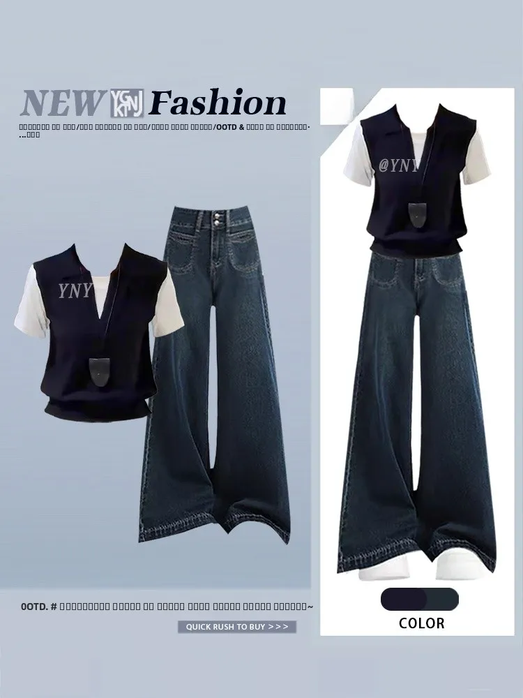 

Slimming High Waist Wide Leg Pants Short Sleeve Top Set Korean Style Autumn New College Fashion Two Piece Suit Women's Ensemble