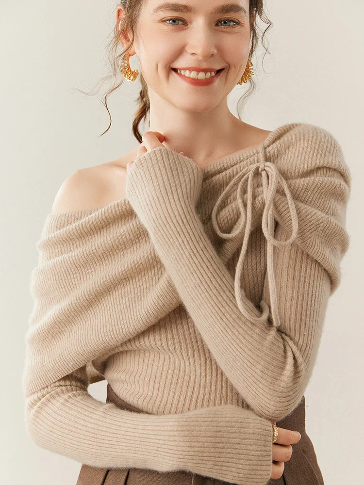 

MEETCC 100% Cashmere Sweater Lace Up Slash Neck Pullover Autumn Winter Soft Warm Cashmere Knitted Grace Knitwear Lady Hot Tops